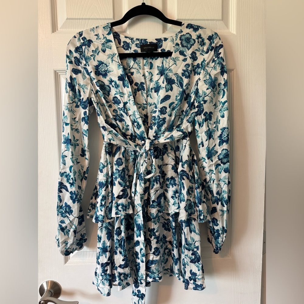 MAJORELLE Revolve Blue Wrap Sundress with Bishop Sleeves